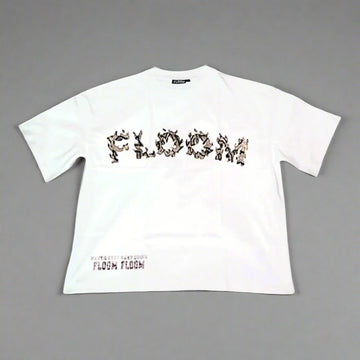 White t-shirt with 'FLOOM' printed design on a studio background