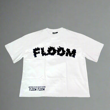 White t-shirt with 'FLOOM' branding on a studio background